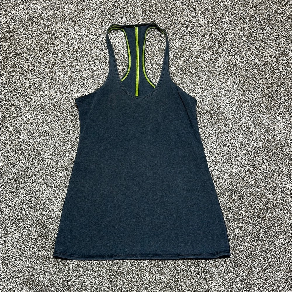 Lululemon gray racerback ruched cotton stretch tank with green stitching.